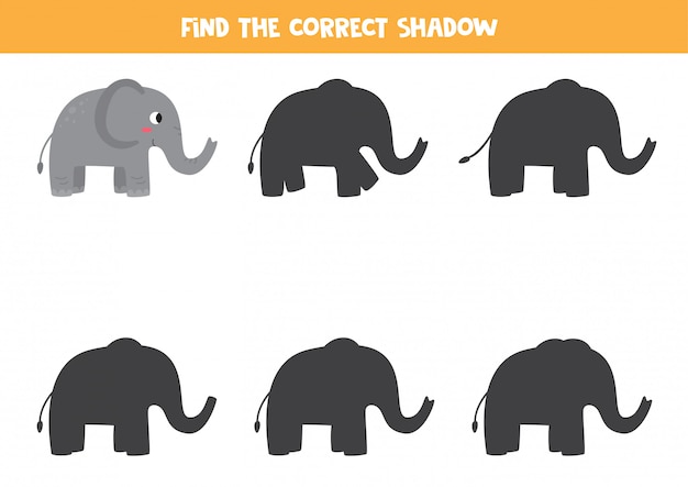 Encuentra la sombra correcta del elefante de dibujos animados. hoja de trabajo imprimible.