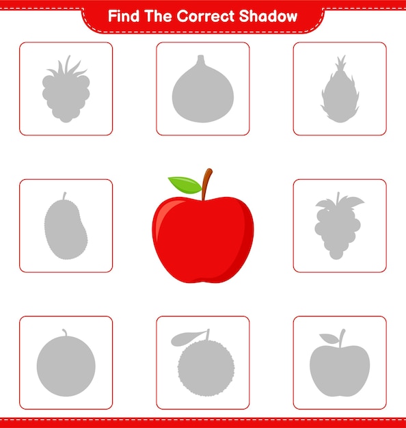 Encuentra la sombra correcta. encuentra y combina la sombra correcta de apple. juego educativo para niños, hoja de trabajo imprimible