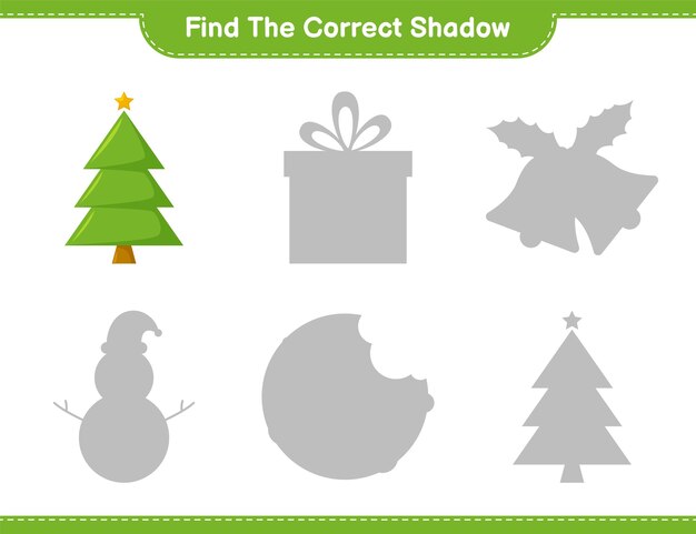 Encuentra la sombra correcta. Encuentra y combina la sombra correcta del árbol de Navidad. Juego educativo para niños