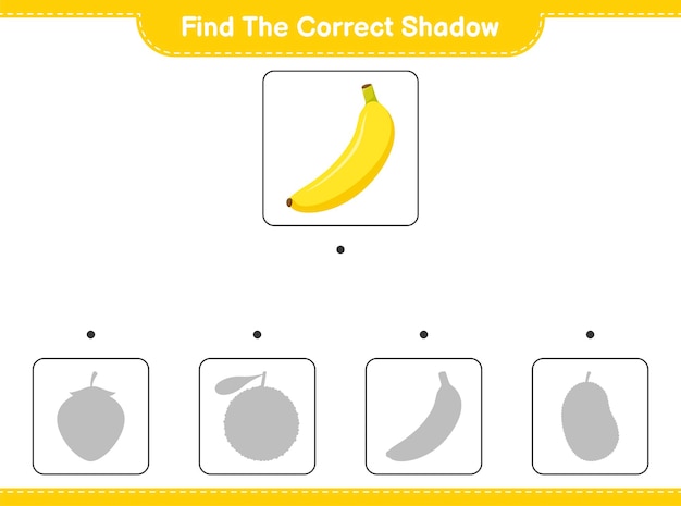 Encuentra la sombra correcta. encuentra y combina la sombra correcta de banana. juego educativo para niños, hoja de trabajo imprimible