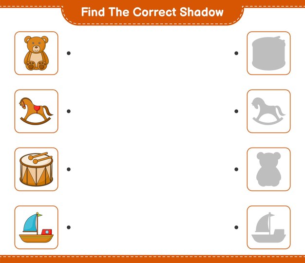 Encuentra la sombra correcta encuentra y combina la sombra correcta de boat drum teddy bear y rocking horse juego educativo para niños hoja de trabajo imprimible ilustración vectorial