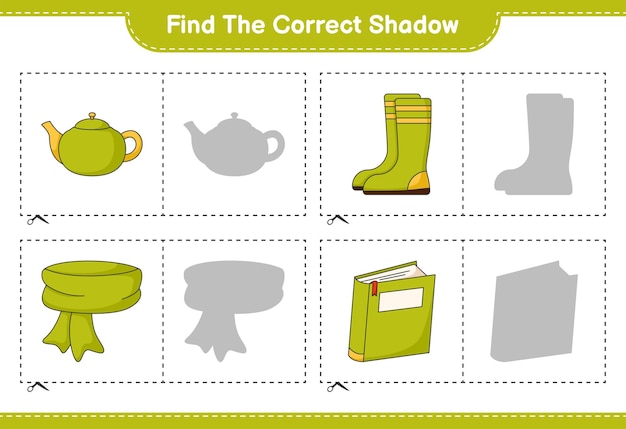 Encuentra la sombra correcta. Encuentra y combina la sombra correcta de bufanda, libro, botas de goma, tetera. Juego educativo para niños, hoja de trabajo imprimible, ilustración vectorial