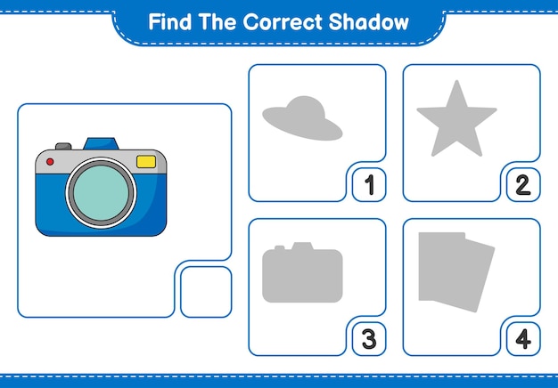 Encuentra la sombra correcta. encuentra y combina la sombra correcta de la cámara. juego educativo para niños, hoja de trabajo imprimible, ilustración vectorial