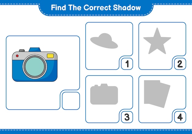 Encuentra la sombra correcta. Encuentra y combina la sombra correcta de la cámara. Juego educativo para niños, hoja de trabajo imprimible, ilustración vectorial
