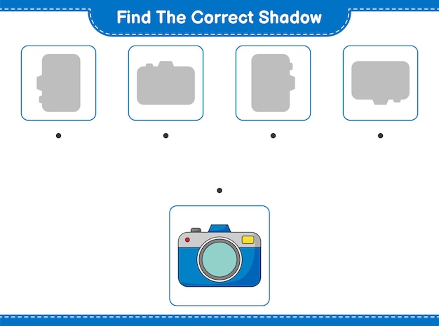 Encuentra la sombra correcta. encuentra y combina la sombra correcta de la cámara. juego educativo para niños, hoja de trabajo imprimible, ilustración vectorial