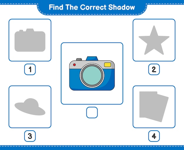 Encuentra la sombra correcta. Encuentra y combina la sombra correcta de la cámara. Juego educativo para niños, hoja de trabajo imprimible, ilustración vectorial