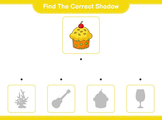 Encuentra la sombra correcta. encuentra y combina la sombra correcta de cup cake. juego educativo para niños, hoja de trabajo imprimible, ilustración vectorial