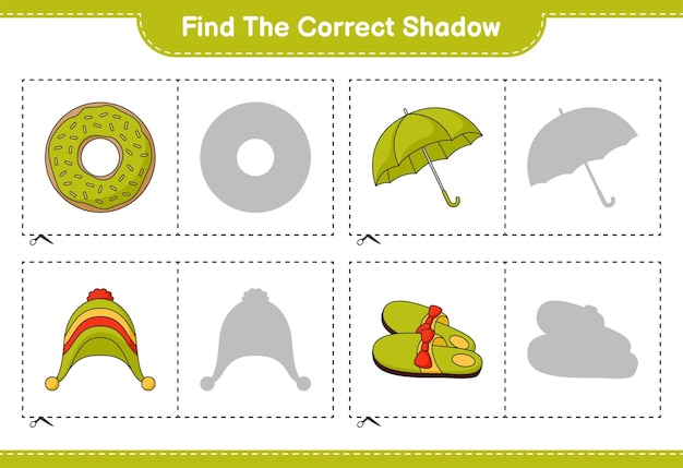Encuentra la sombra correcta. Encuentra y combina la sombra correcta de Donut, Pantuflas, Paraguas, Sombrero. Juego educativo para niños, hoja de trabajo imprimible, ilustración vectorial