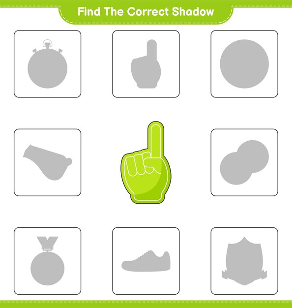 Encuentra la sombra correcta. Encuentra y combina la sombra correcta de Foam Finger. Juego educativo para niños