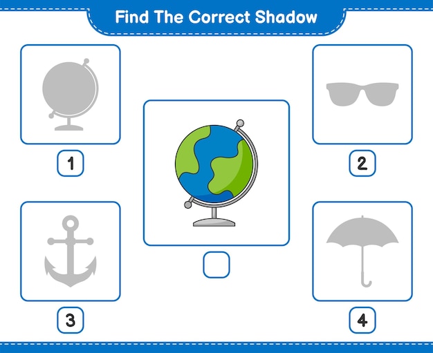 Encuentra la sombra correcta. encuentra y combina la sombra correcta de globe. juego educativo para niños, hoja de trabajo imprimible, ilustración vectorial