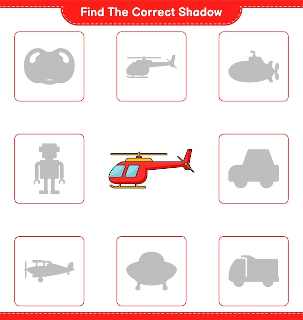 Encuentra la sombra correcta Encuentra y combina la sombra correcta de Helicóptero Juego educativo para niños hoja de trabajo imprimible ilustración vectorial