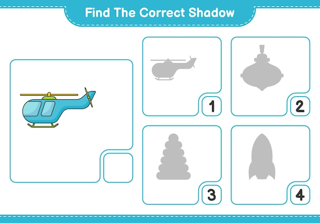 Encuentra la sombra correcta encuentra y combina la sombra correcta de helicóptero juego educativo para niños hoja de trabajo imprimible ilustración vectorial