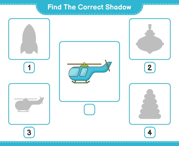 Encuentra la sombra correcta Encuentra y combina la sombra correcta de Helicóptero Juego educativo para niños hoja de trabajo imprimible ilustración vectorial