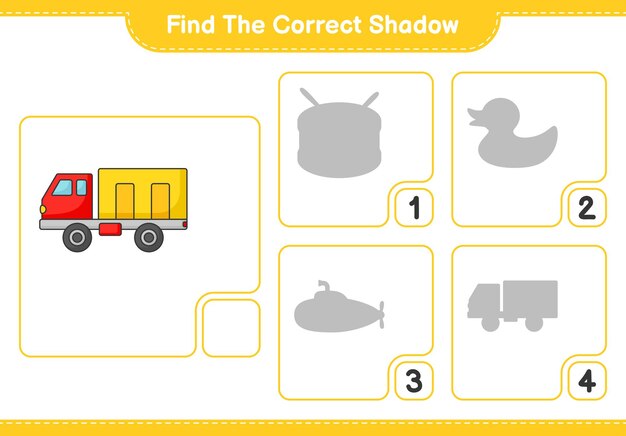Encuentra la sombra correcta encuentra y combina la sombra correcta de la ilustración vectorial de la hoja de trabajo imprimible del juego educativo para niños camión