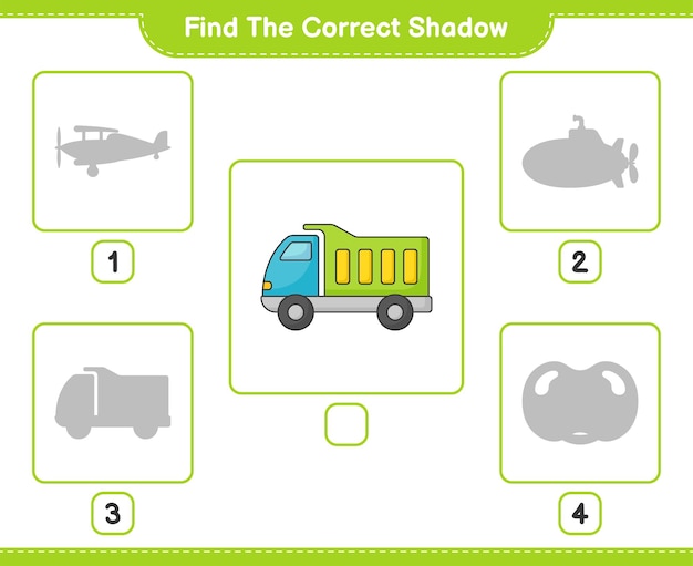 Encuentra la sombra correcta encuentra y combina la sombra correcta de la ilustración vectorial de la hoja de trabajo imprimible del juego educativo para niños camión