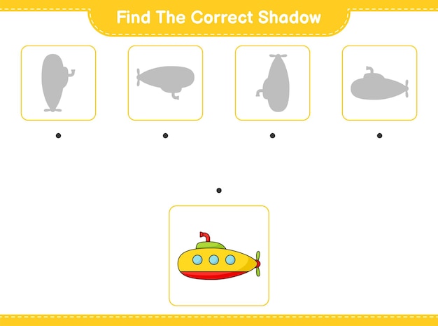 Encuentra la sombra correcta Encuentra y combina la sombra correcta de la ilustración vectorial de la hoja de trabajo imprimible del juego educativo submarino para niños