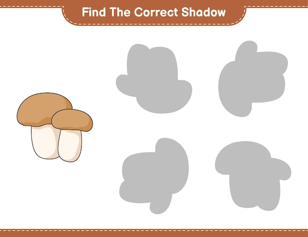 Encuentra la sombra correcta. Encuentra y combina la sombra correcta de Mushroom Boletus. Juego educativo para niños, hoja de trabajo imprimible, ilustración vectorial