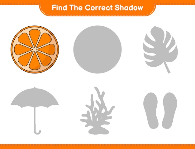 Encuentra la sombra correcta. Encuentra y combina la sombra correcta de Orange. Juego educativo para niños, hoja de trabajo imprimible, ilustración vectorial