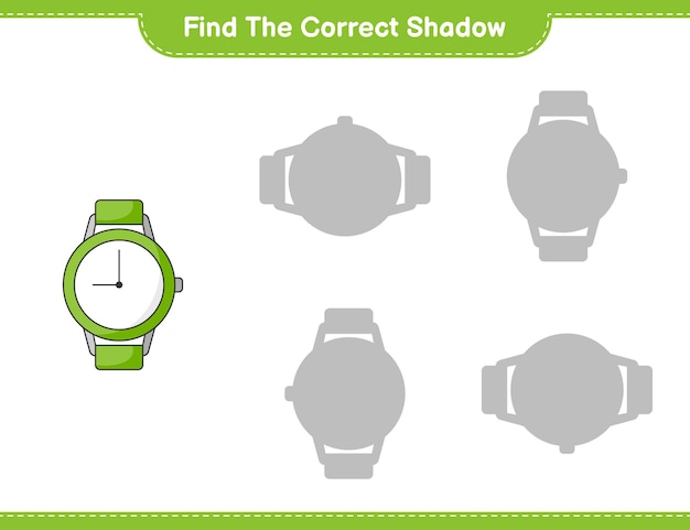 Encuentra la sombra correcta. encuentra y combina la sombra correcta de los relojes. juego educativo para niños, hoja de trabajo imprimible, ilustración vectorial