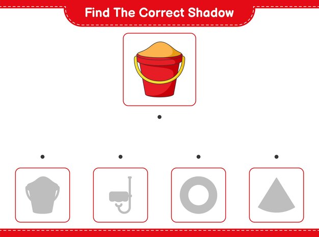 Encuentra la sombra correcta. Encuentra y combina la sombra correcta de Sand Bucket. Juego educativo para niños, hoja de trabajo imprimible, ilustración vectorial