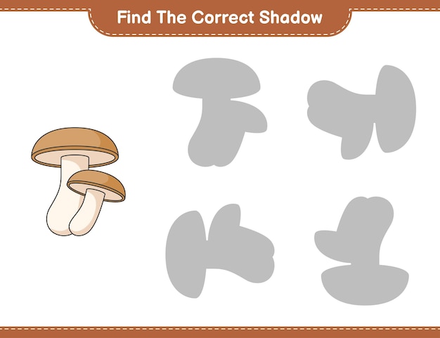 Encuentra la sombra correcta. Encuentra y combina la sombra correcta de Shiitake. Juego educativo para niños, hoja de trabajo imprimible, ilustración vectorial