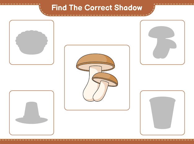 Encuentra la sombra correcta. Encuentra y combina la sombra correcta de Shiitake. Juego educativo para niños, hoja de trabajo imprimible, ilustración vectorial