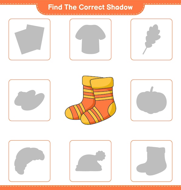 Encuentra la sombra correcta. Encuentra y combina la sombra correcta de Socks. Juego educativo para niños, hoja de trabajo imprimible, ilustración vectorial