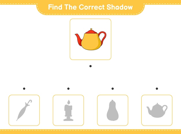 Encuentra la sombra correcta. Encuentra y combina la sombra correcta de Teapot. Juego educativo para niños, hoja de trabajo imprimible, ilustración vectorial