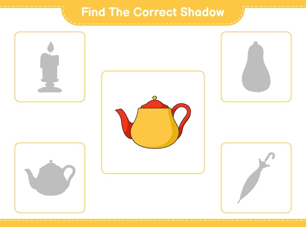 Encuentra la sombra correcta. encuentra y combina la sombra correcta de teapot. juego educativo para niños, hoja de trabajo imprimible, ilustración vectorial