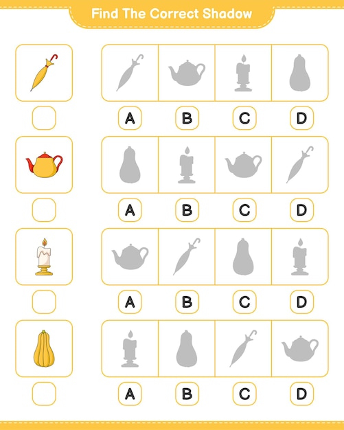 Encuentra la sombra correcta. encuentra y combina la sombra correcta de tetera, vela, calabaza, paraguas. juego educativo para niños, hoja de trabajo imprimible, ilustración vectorial