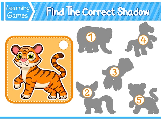 Encuentra la sombra correcta encuentra y combina la sombra correcta de tiger kids juego educativo hoja de trabajo imprimible ilustración vectorial