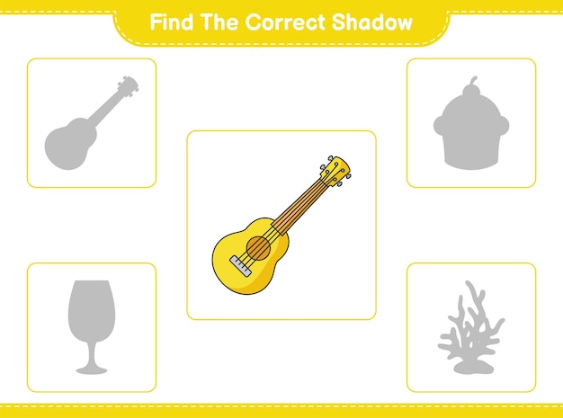 Encuentra la sombra correcta. encuentra y combina la sombra correcta de ukulele. juego educativo para niños, hoja de trabajo imprimible, ilustración vectorial