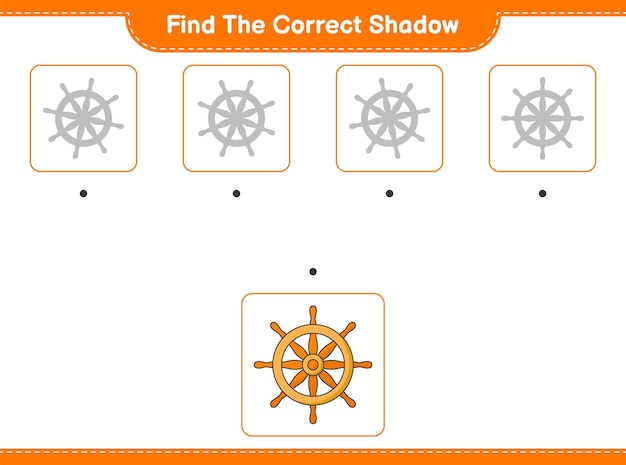 Encuentra la sombra correcta. encuentra y combina la sombra correcta del volante del barco. juego educativo para niños, hoja de trabajo imprimible, ilustración vectorial