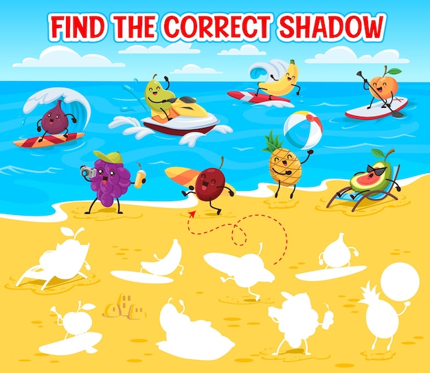 Encuentra la sombra correcta Frutas divertidas de dibujos animados en vacaciones de verano en la playa Silueta encontrar hoja de trabajo de vector de prueba con higo guayaba plátano melocotón uva y ciruela personaje surf y tomar el sol en la playa