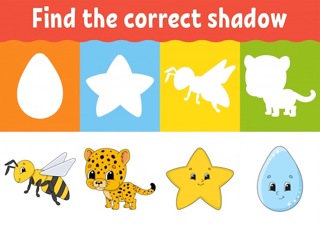 Encuentra la sombra correcta. Hoja de trabajo de desarrollo de educación. Juego de correspondencias para niños.