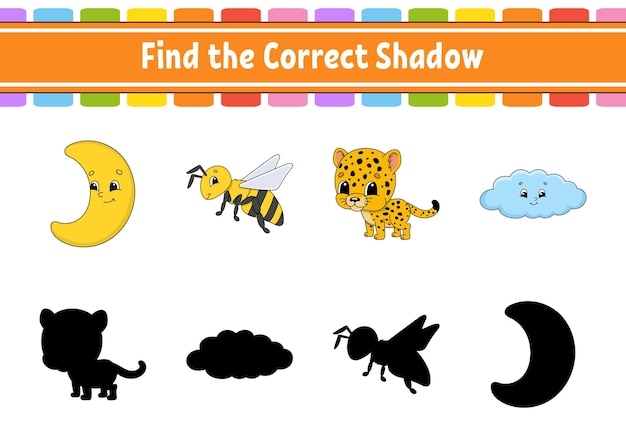 Encuentra la sombra correcta Hoja de trabajo de desarrollo educativo Juego de correspondencias para niños Página de actividades de color Rompecabezas para niños