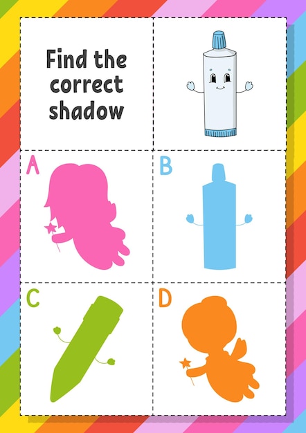 Encuentra la sombra correcta hoja de trabajo de desarrollo educativo para niños juego de rompecabezas página de actividad personaje de dibujos animados