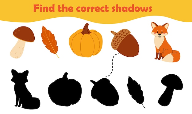 Encuentra la sombra correcta Hojas de otoño setas bellota calabaza zorro juego de lógica para niños vector