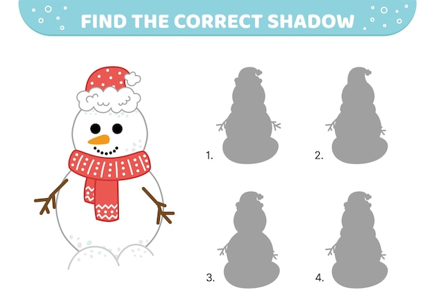 Encuentra la sombra correcta Hombre de Nieve Juego de coincidencia de sombras dibujos animados Ilustración vectorial aislada eps 10