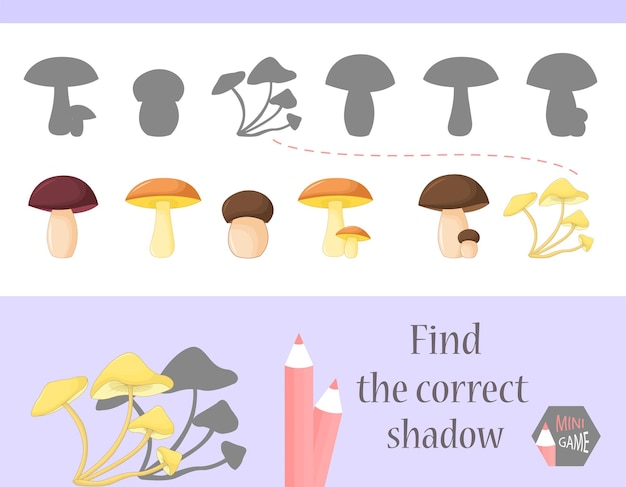 Encuentra la sombra correcta, juego educativo para niños. Animales de dibujos animados lindo y naturaleza. ilustración vectorial. champiñón.