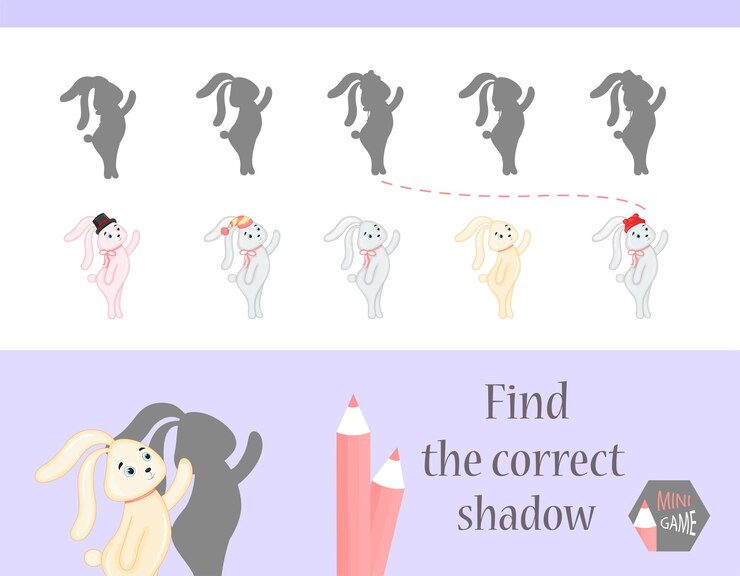 Vector encuentra la sombra correcta, juego educativo para niños. animales de dibujos animados lindo y naturaleza. ilustración vectorial. liebre.