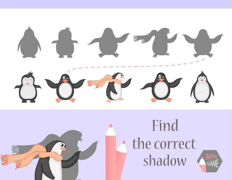 Vector encuentra la sombra correcta, juego educativo para niños. animales de dibujos animados lindo y naturaleza. ilustración vectorial. pingüino