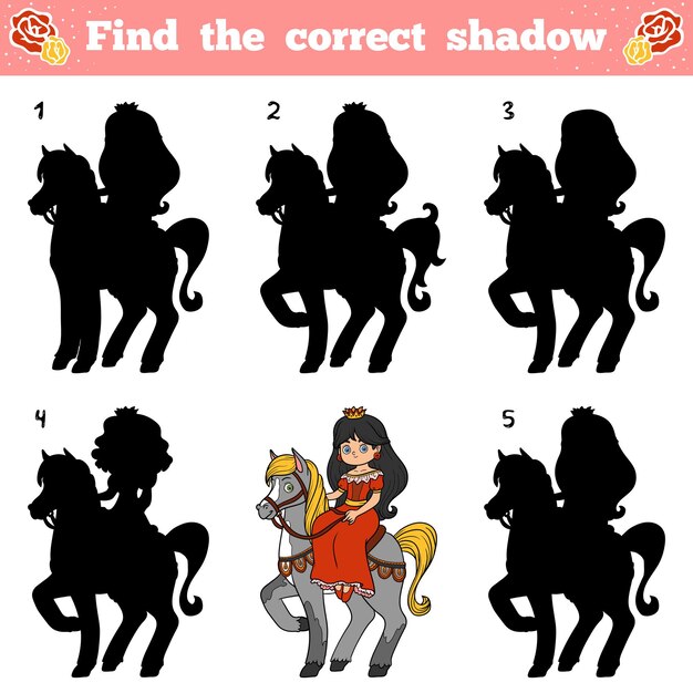Encuentra la sombra correcta, juego educativo para niños. caballo y princesa de vector