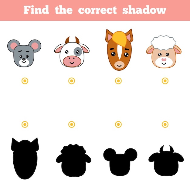 Encuentra la sombra correcta, juego educativo para niños. conjunto de animales de granja de dibujos animados