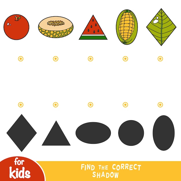 Encuentra la sombra correcta, juego educativo para niños, Conjunto de elementos naturales: manzana, melón dulce, sandía, maíz, hoja