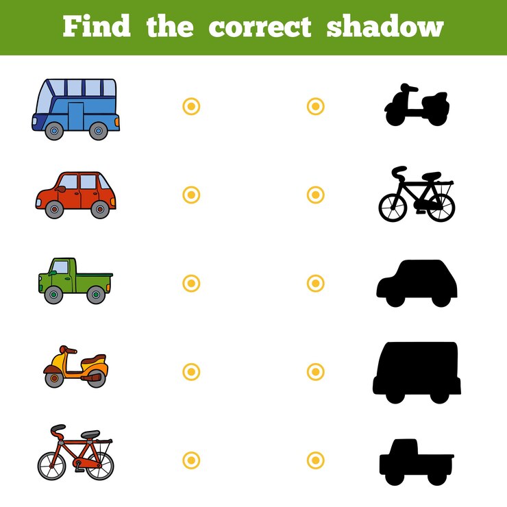 Vector encuentra la sombra correcta, juego educativo para niños. conjunto de transporte de dibujos animados