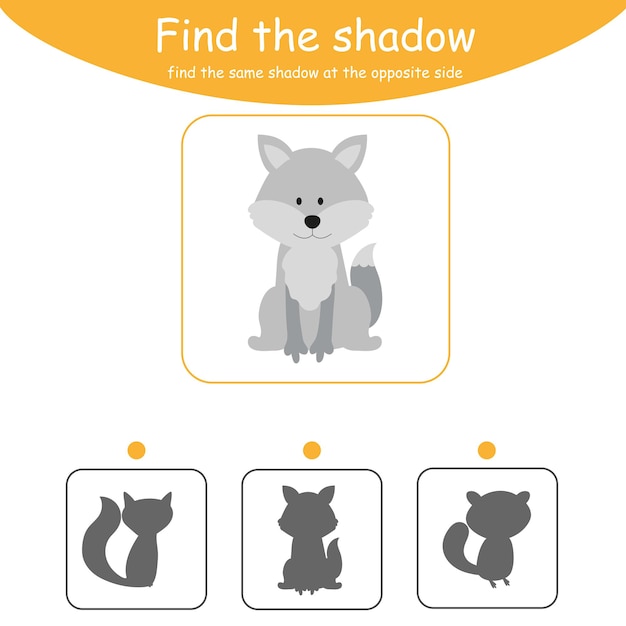 Encuentra la sombra correcta. Juego educativo para niños. ilustración vectorial de dibujos animados. animales Lobo