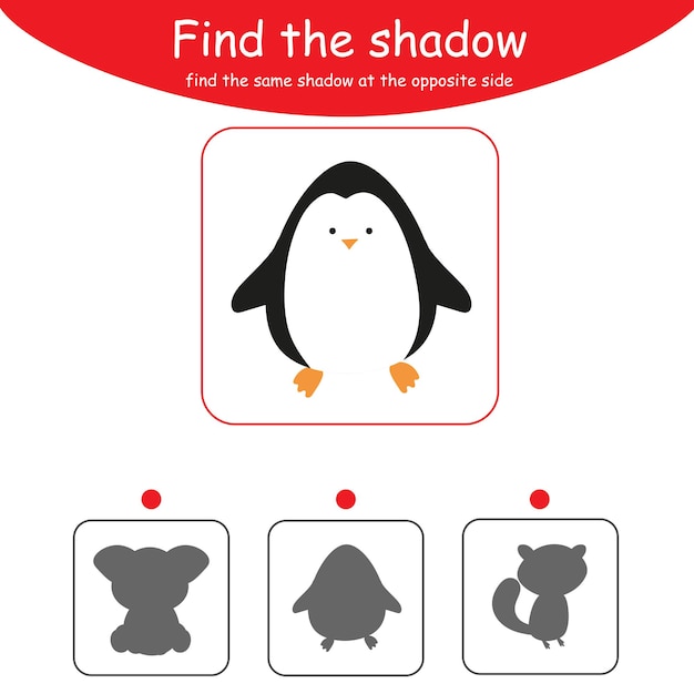 Encuentra la sombra correcta. Juego educativo para niños. ilustración vectorial de dibujos animados. animales Pingüino