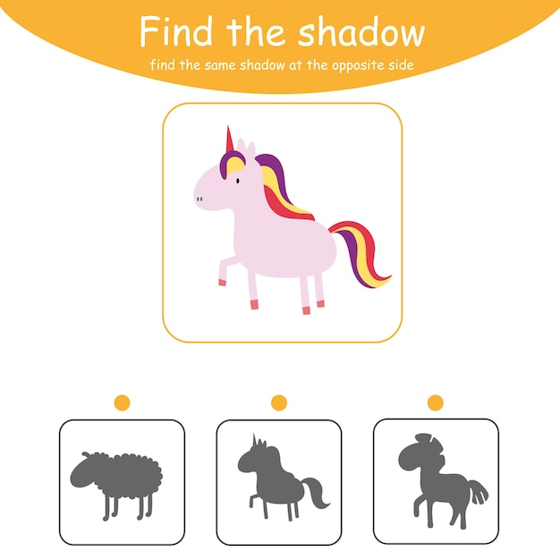 Encuentra la sombra correcta. juego educativo para niños. ilustración vectorial de dibujos animados. animales unicornio