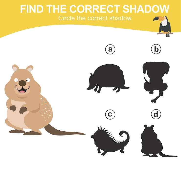Vector encuentra la sombra correcta juego de sombras de animales a juego para niños hoja de trabajo para niños archivo vectorial